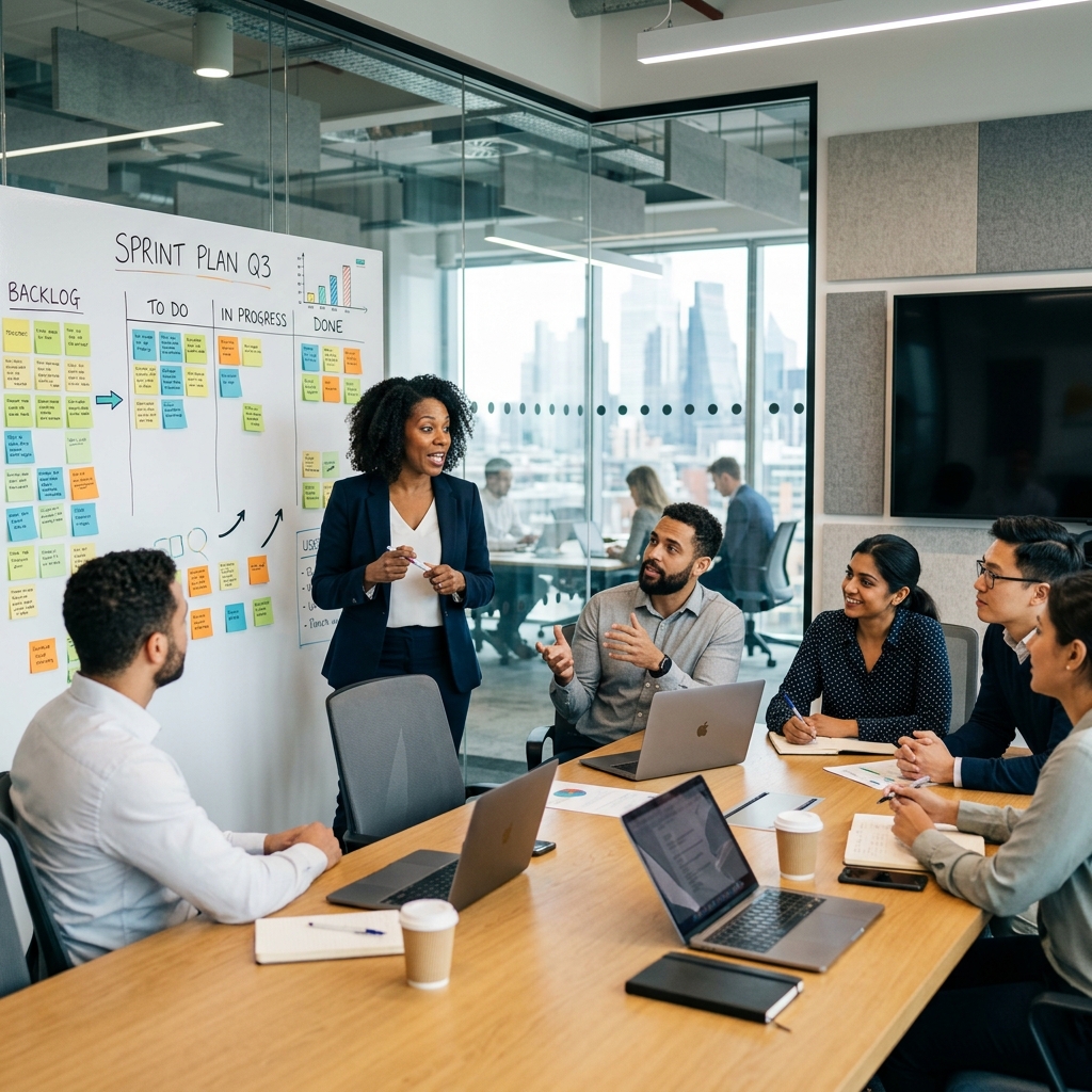 Équipe agile devant un tableau